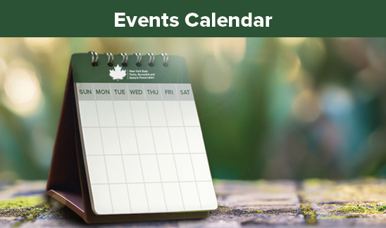 Events Calendar. A small flip calendar sitting on a tree log. The bark of the tree has a light spattering of moss on it. On the top of the flip calendar is solid dark green, broken up by a white maple leaf and white text that reads, "New York State Parks, Recreation, and Historic Preservation."