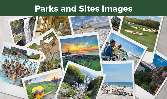 Parks and Sites Images. A pile of photographs with various scenes from state parks and historic sites. The images are in an instant film style frame, often referred to as a "Polaroid."