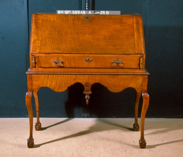 This slant-front tiger maple desk is said to have been used by George Washington when he occupied the Thomas Ellison residence in New Windsor from June 23, 1779, to July 25, 1779, and again December 8, 1780, to June 25, 1781. When Washington occupied private homes, he occasionally used the owners' furnishings with their permission, or if needed, had a collection of furnishings that were shipped to his temporary headquarters.